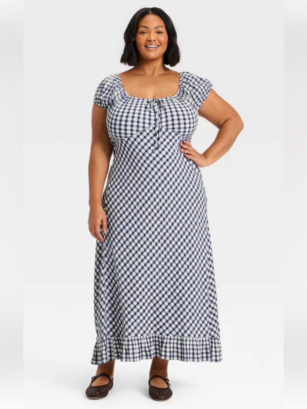 Universal Thread Blue and White Gingham Puff Short Sleeve Maxi Sundress Size XL
